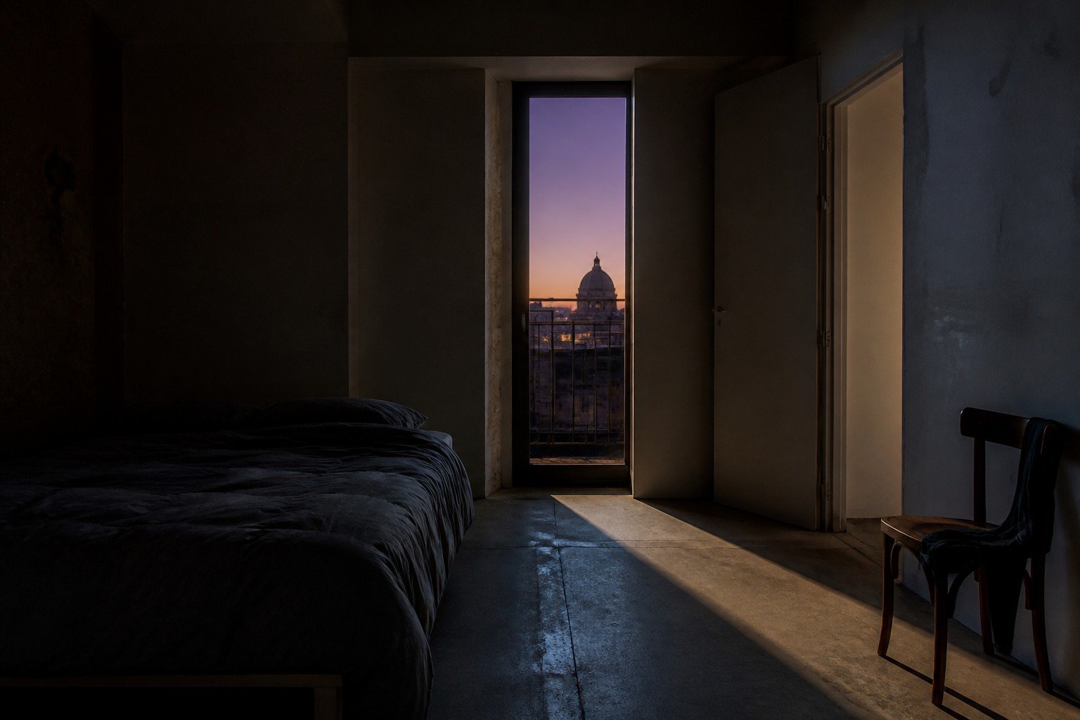 Salón en penumbra con suelo de madera y una ventana abierta a la ciudad al atardecer