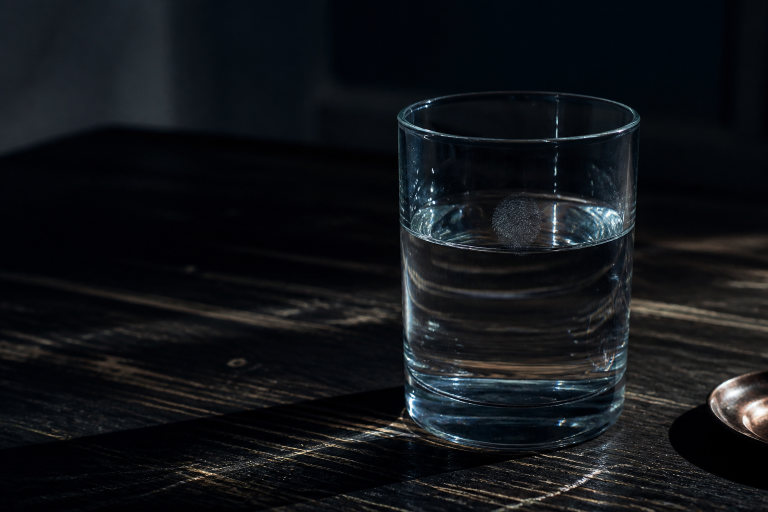 Vaso de agua sobre una superficie oscura